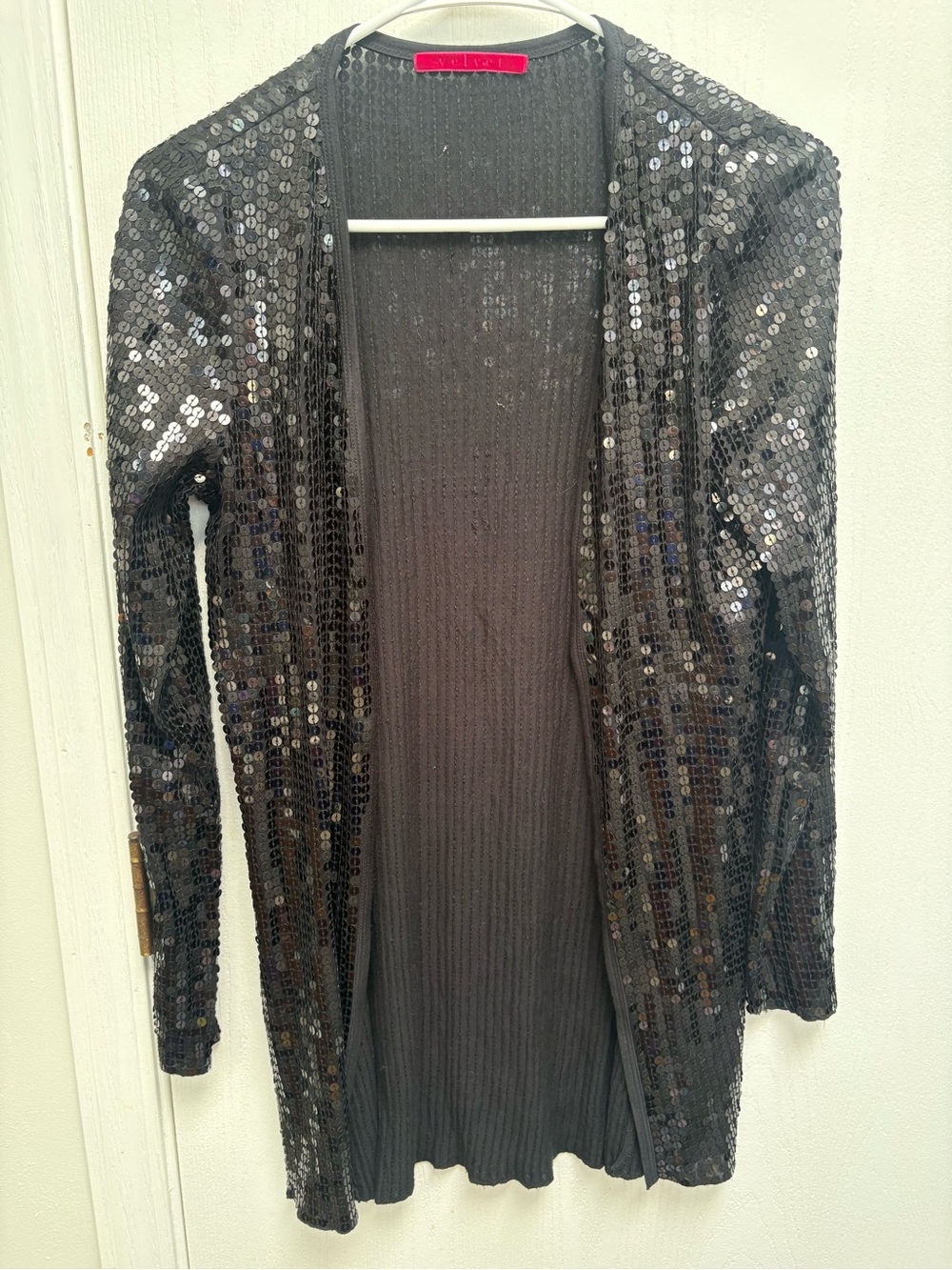 Velvet Black Sequin Open-Front Cardigan